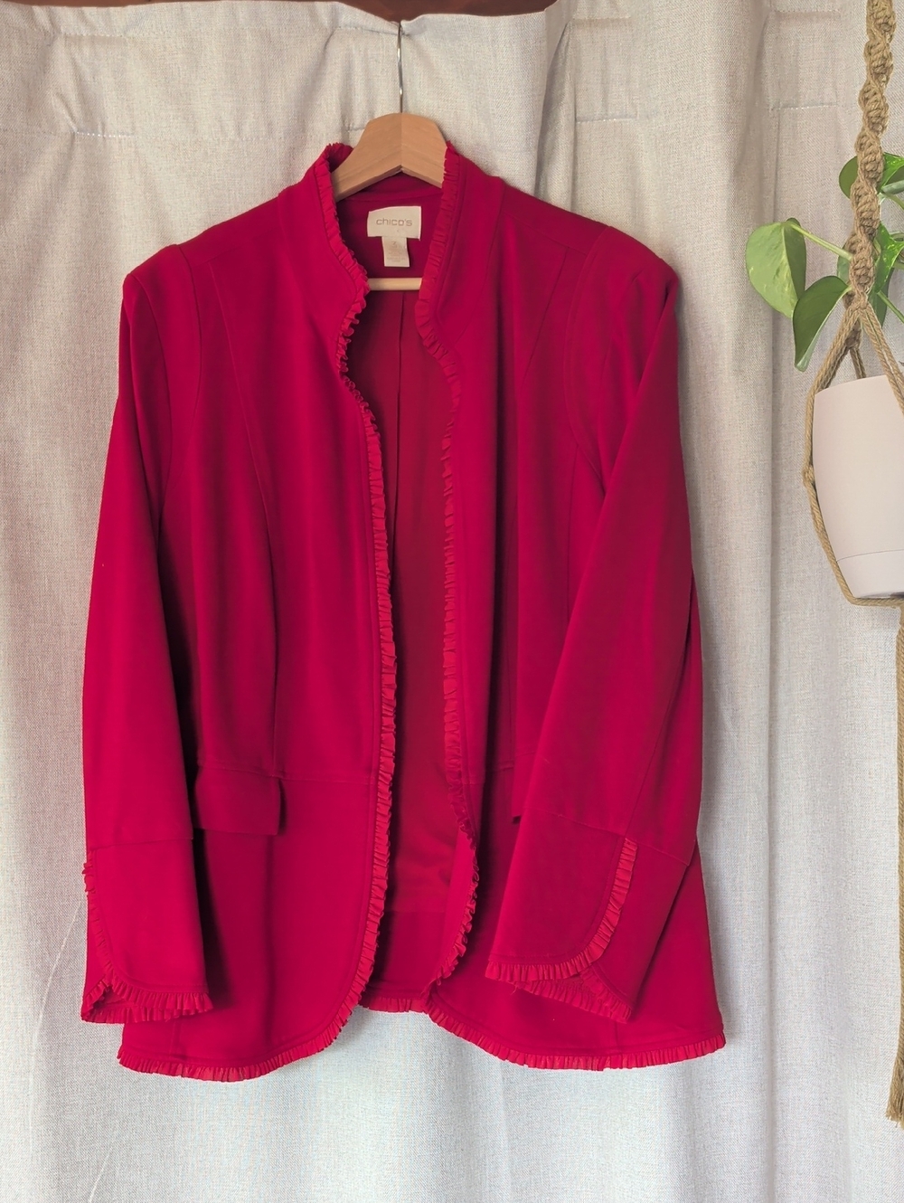 Chico's Ruffle-Trim Open Front Blazer in Bright Red
